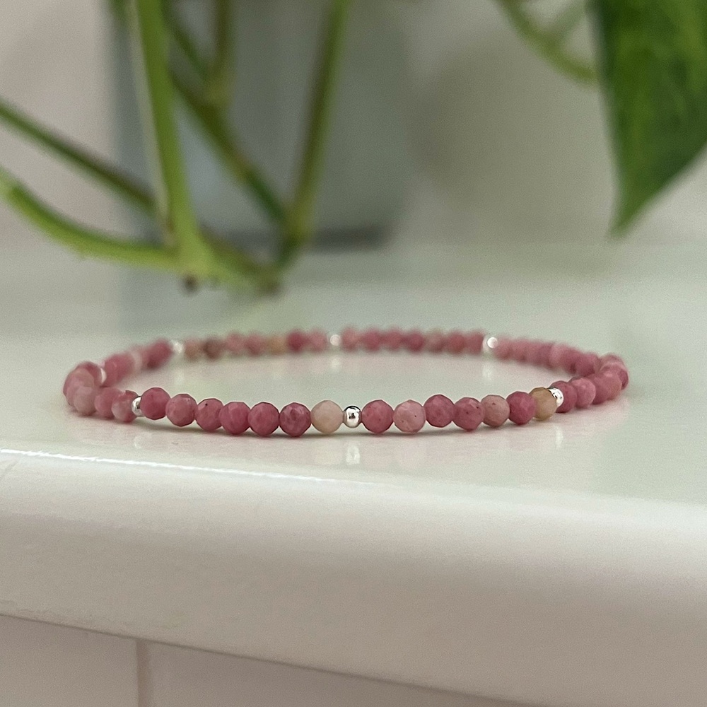 Custom Made Rhodonite & Sterling Silver Minimalist Crystal Bracelet, 925 💜